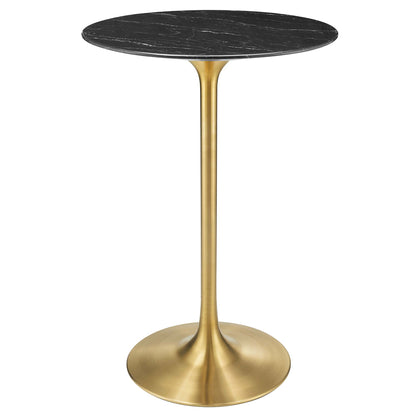 Round black faux marble top on a slender gold pedestal & circular base; modern bar table.