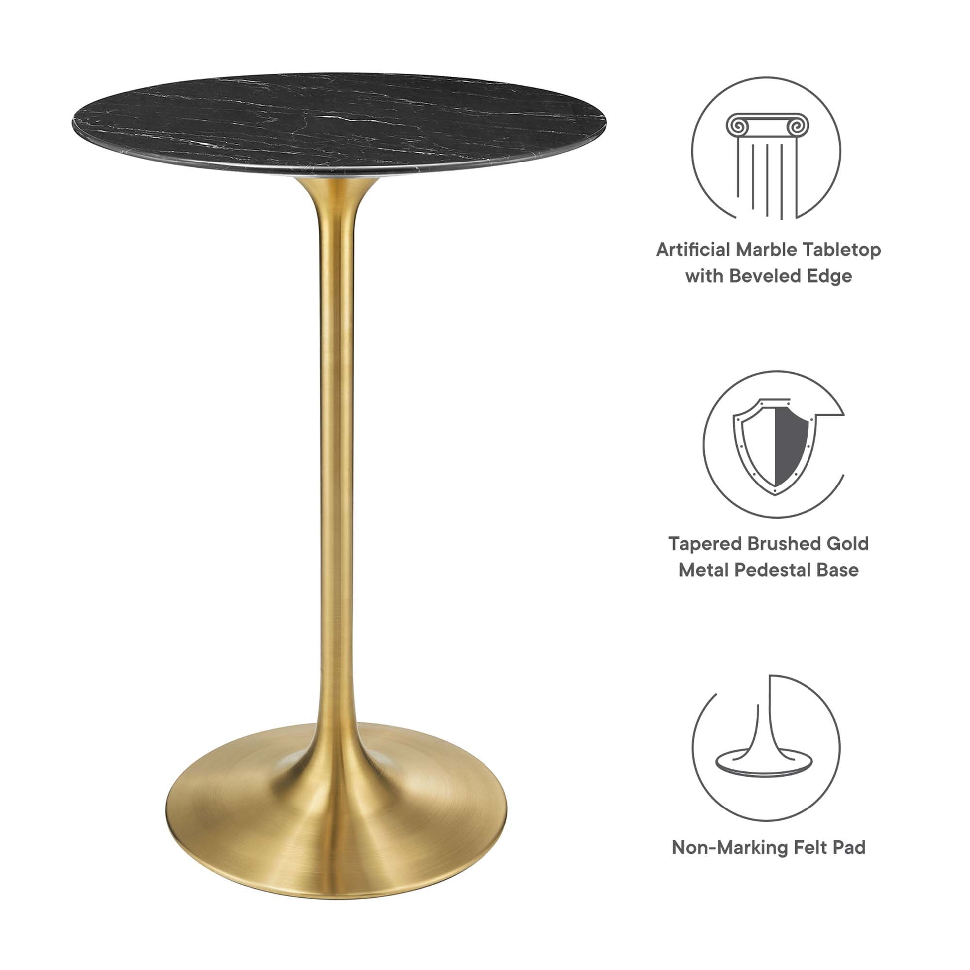 Round black faux marble tabletop with beveled edge on a brushed gold tapered pedestal base, forming a bar table.