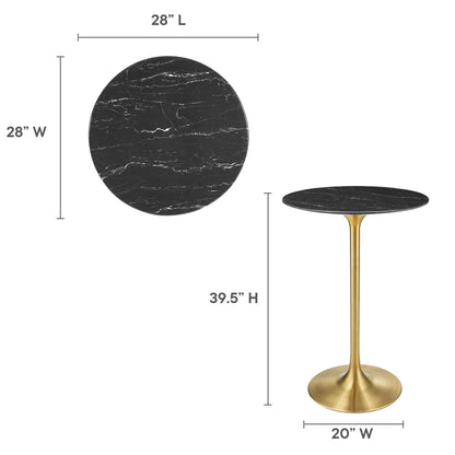 Round black marble-top table on gold pedestal base; 39.5" high, 28" diameter.