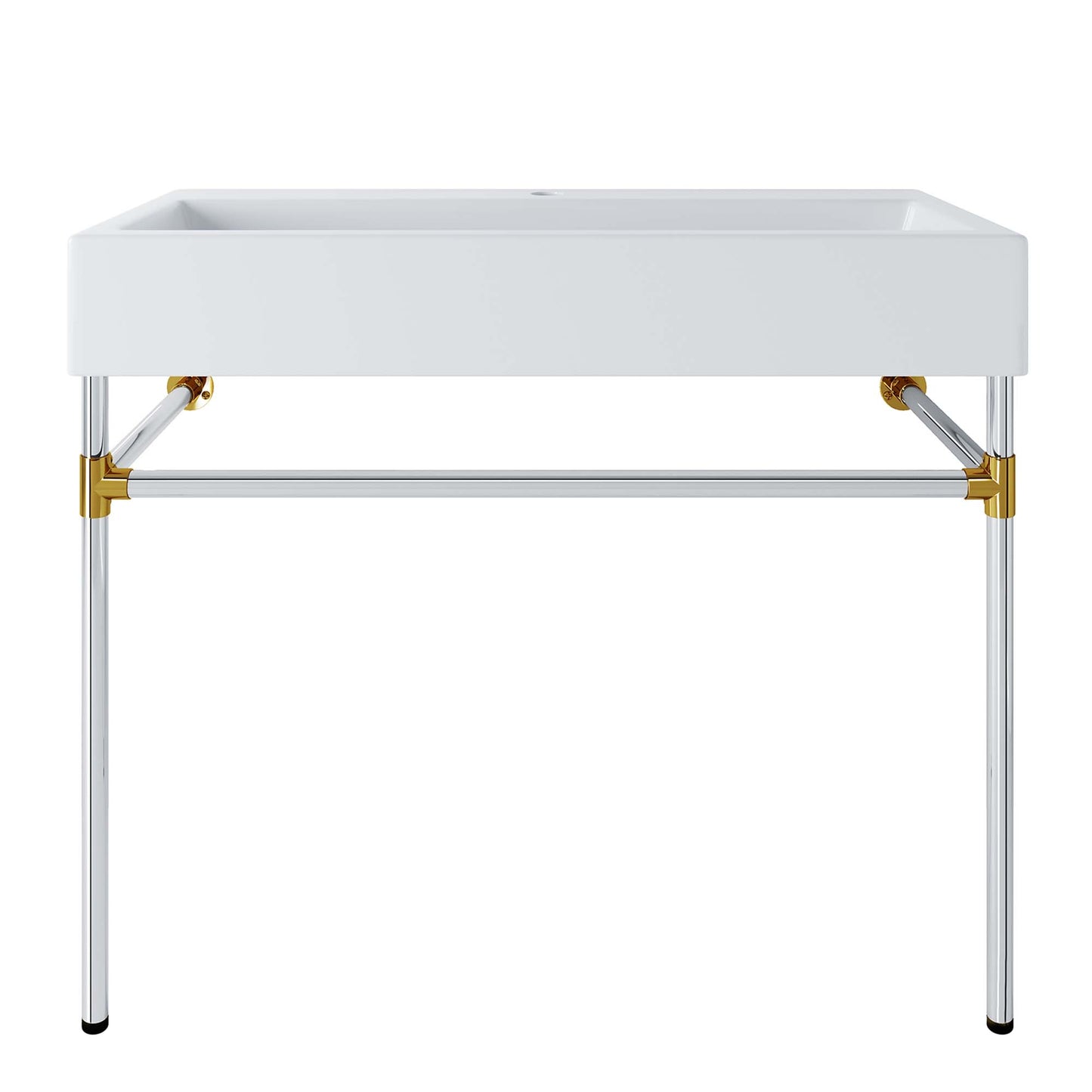 White rectangular sink mounted on a silver stainless steel wall-mount bathroom vanity with chrome hardware.