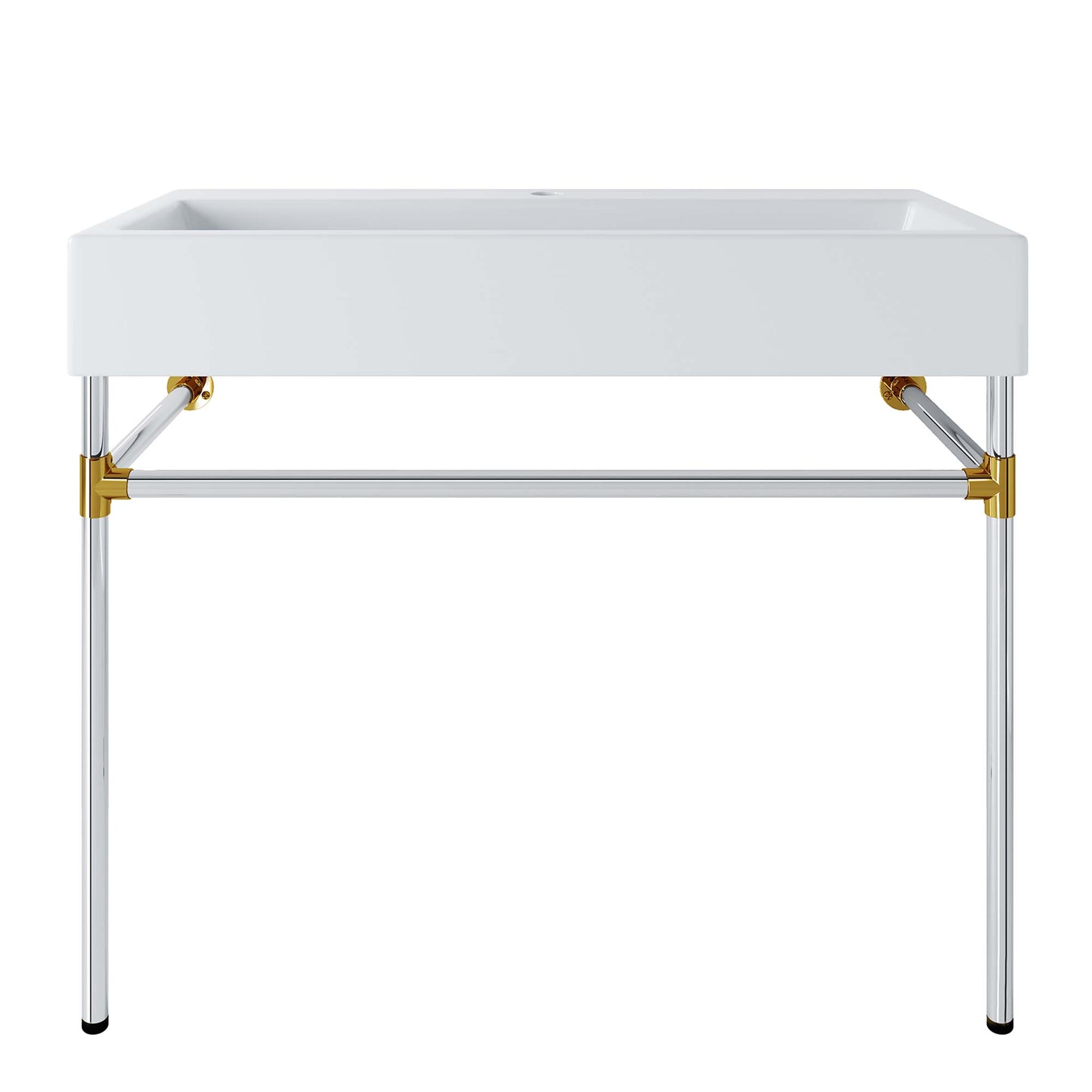 White rectangular sink mounted on a silver stainless steel wall-mount bathroom vanity with chrome hardware.