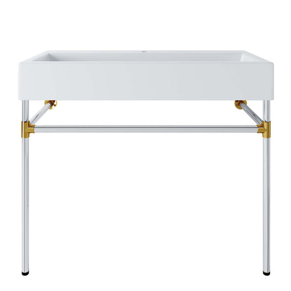 White rectangular sink mounted on a silver stainless steel wall-mount bathroom vanity with chrome hardware.