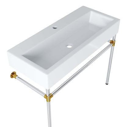 Rectangular white ceramic vessel sink mounted on a silver stainless steel 40-inch wall-mounted bathroom vanity.