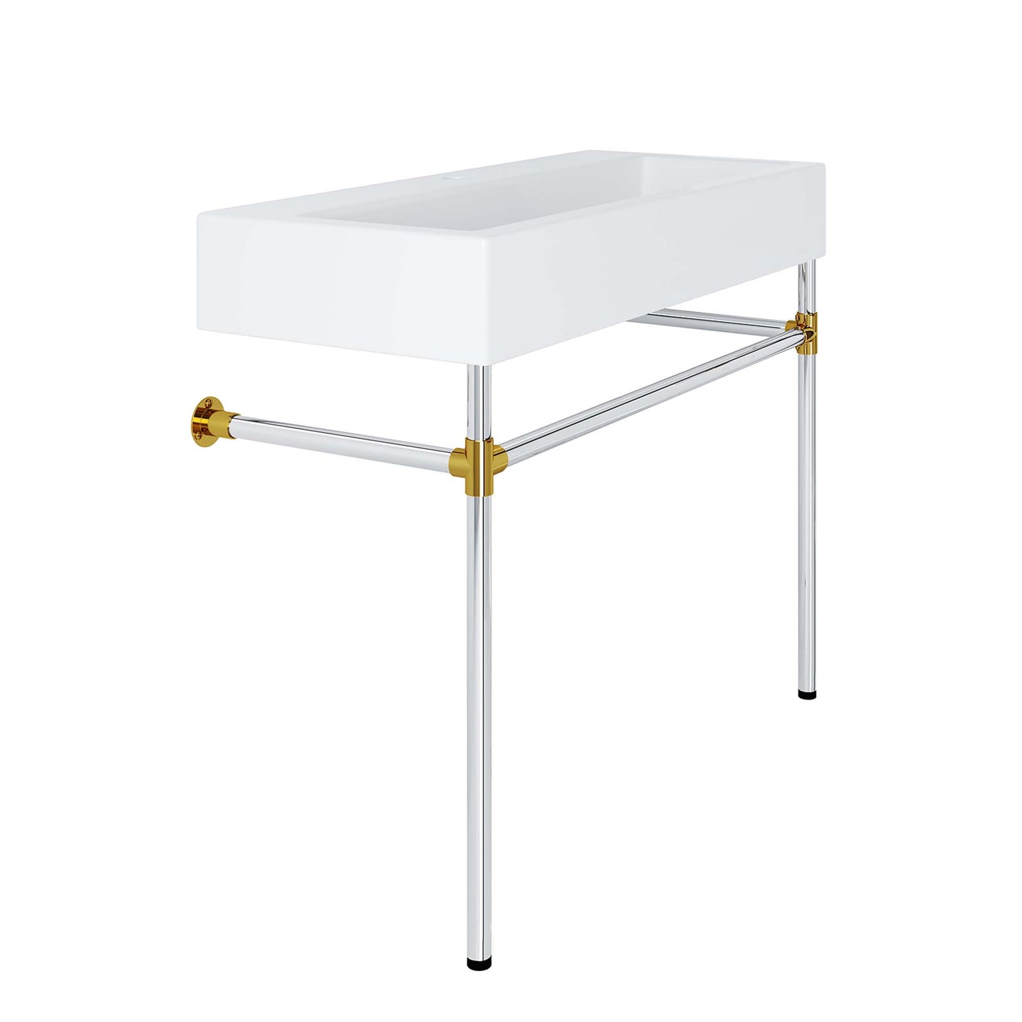 Rectangular white sink on a silver stainless steel wall-mount vanity; modern bathroom fixture.