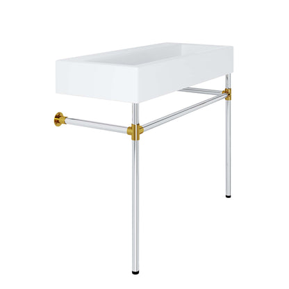 Rectangular white sink on a silver stainless steel wall-mount vanity; modern bathroom fixture.