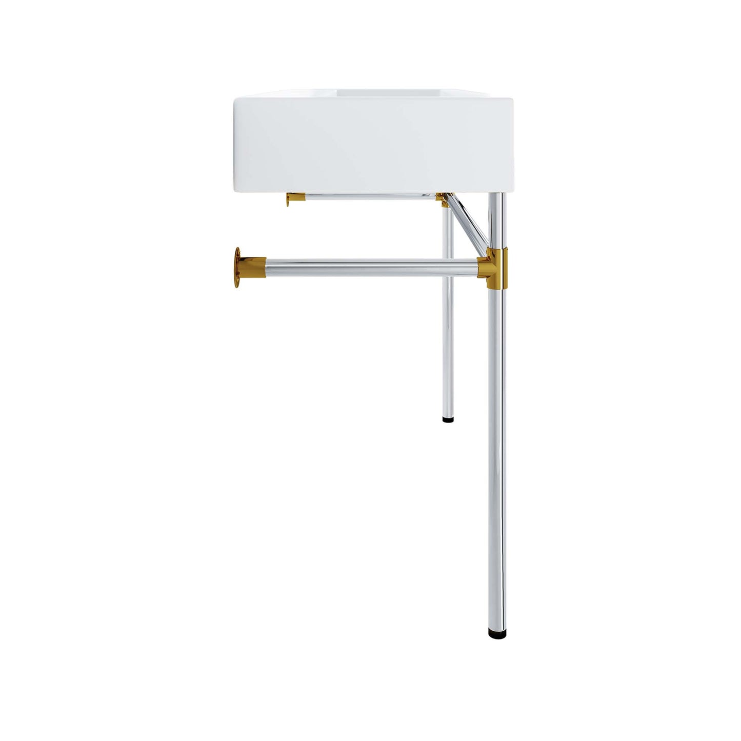 Silver stainless steel wall-mount bathroom vanity with white countertop (40" wide).