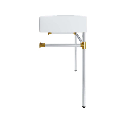 Silver stainless steel wall-mount bathroom vanity with white countertop (40" wide).