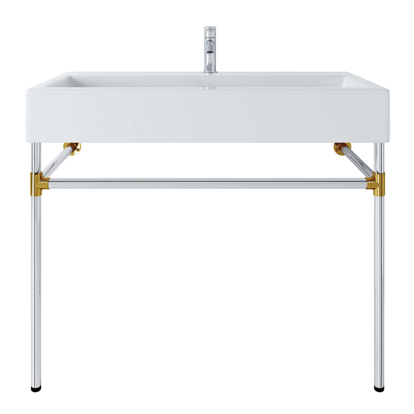 Rectangular white countertop on a silver stainless steel wall-mount bathroom vanity