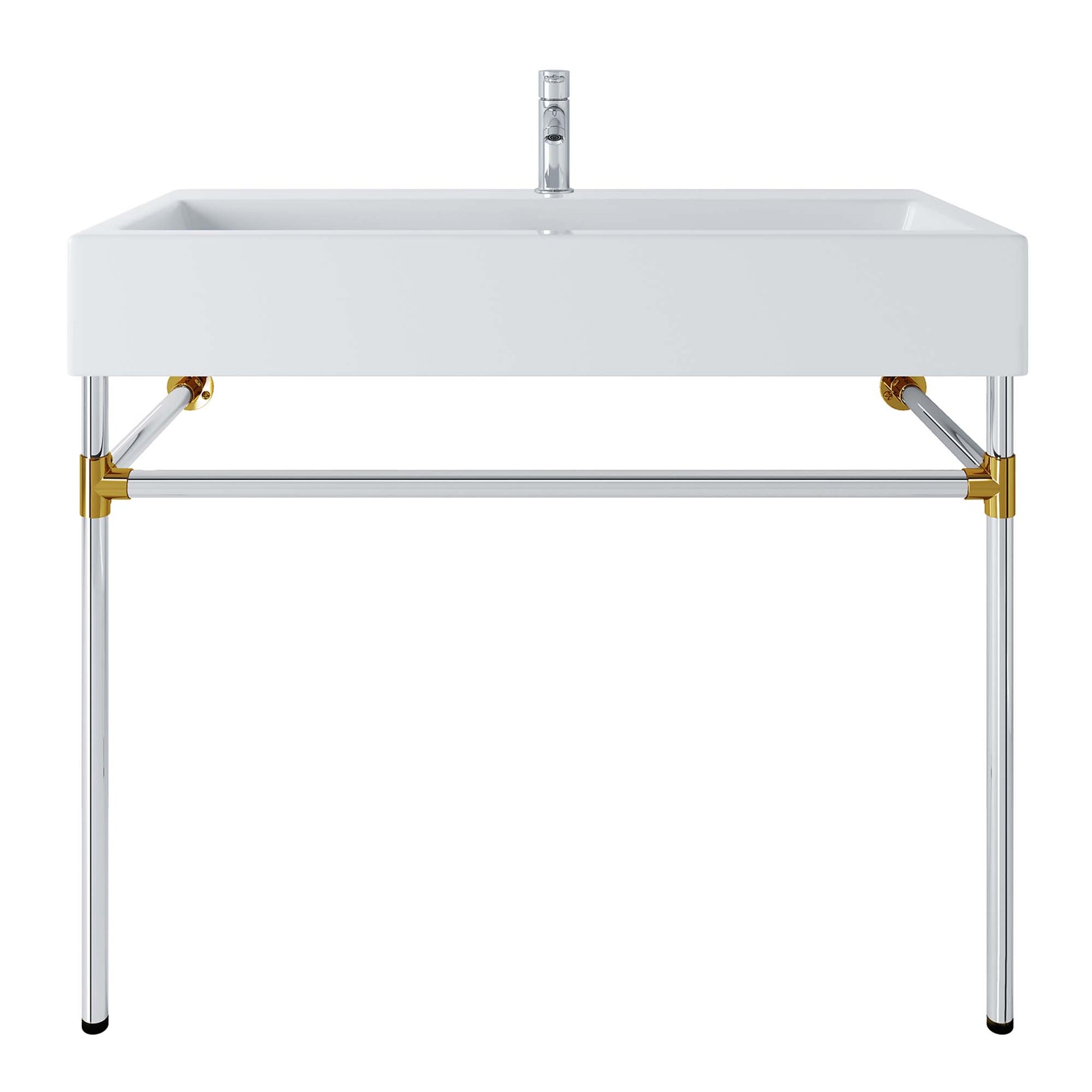 Rectangular white countertop on a silver stainless steel wall-mount bathroom vanity