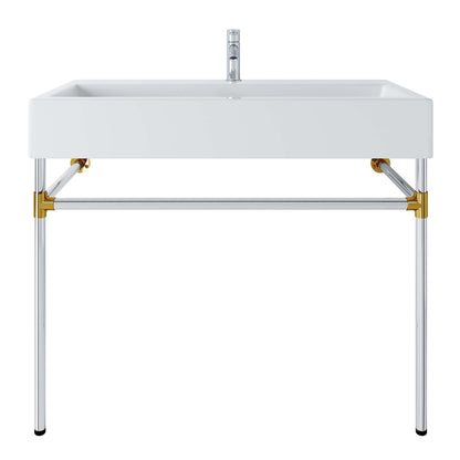 Rectangular white countertop on a silver stainless steel wall-mount bathroom vanity