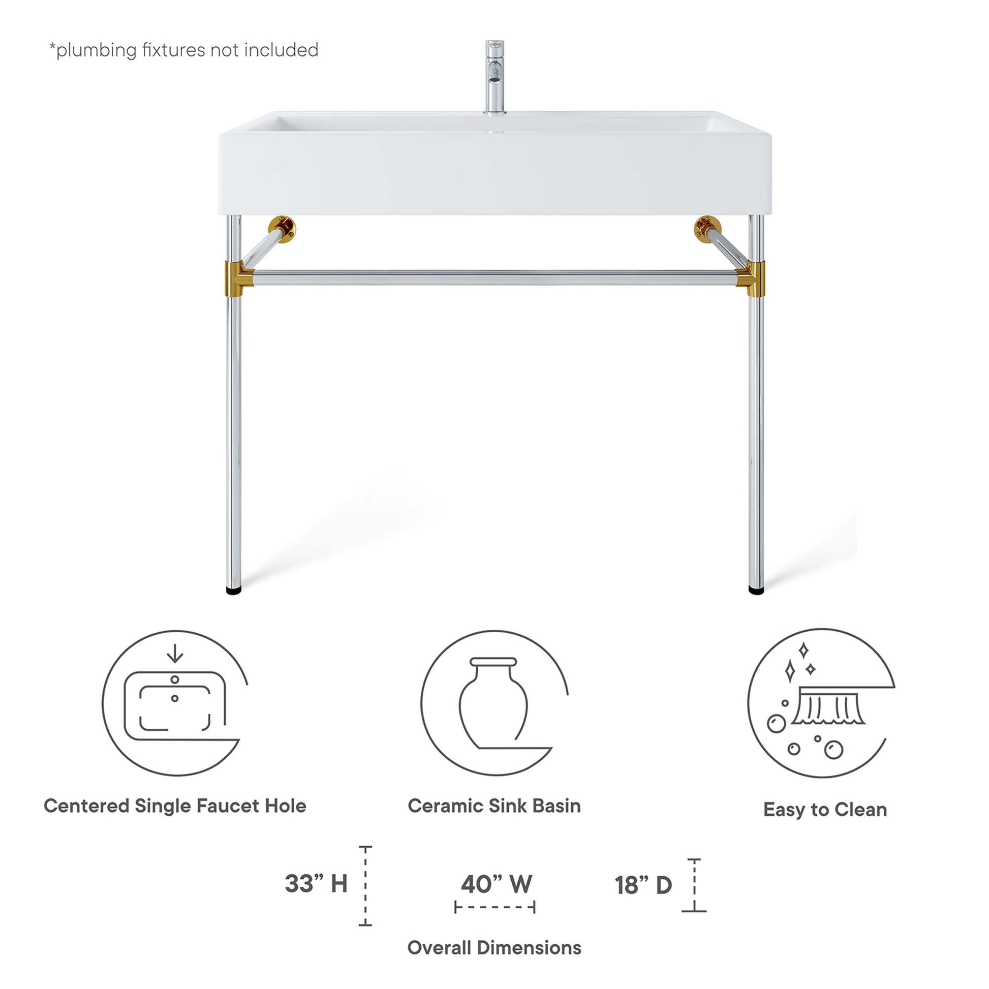 White ceramic rectangular sink basin mounted on a silver stainless steel wall-mount bathroom vanity; 40"W x 18"D x 33"H.