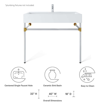 White ceramic rectangular sink basin mounted on a silver stainless steel wall-mount bathroom vanity; 40"W x 18"D x 33"H.