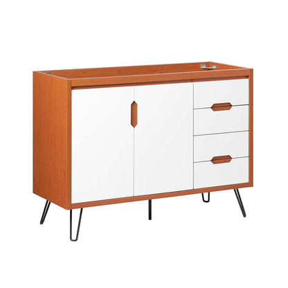 Cherry white bathroom vanity cabinet with two white doors and three drawers on black metal hairpin legs.