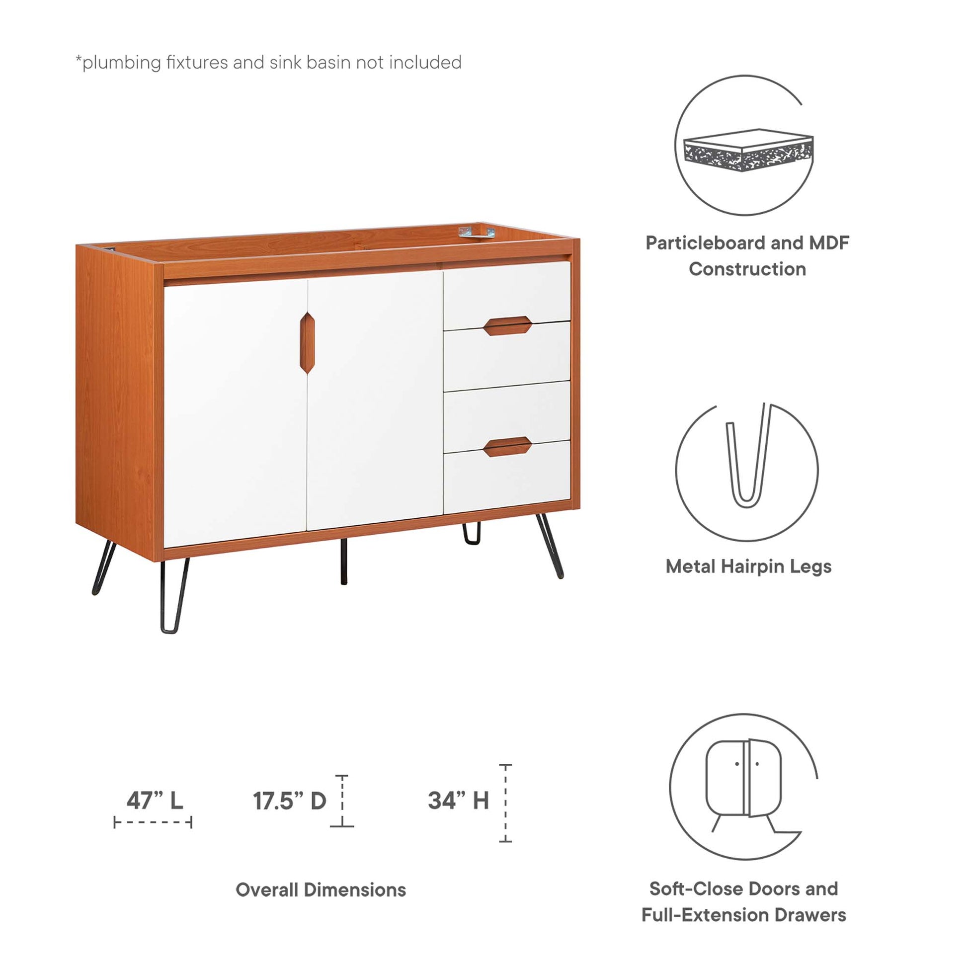 Bathroom vanity cabinet in cherry white, 48 inches wide, with doors on the left and drawers on the right, sink-compatible.
