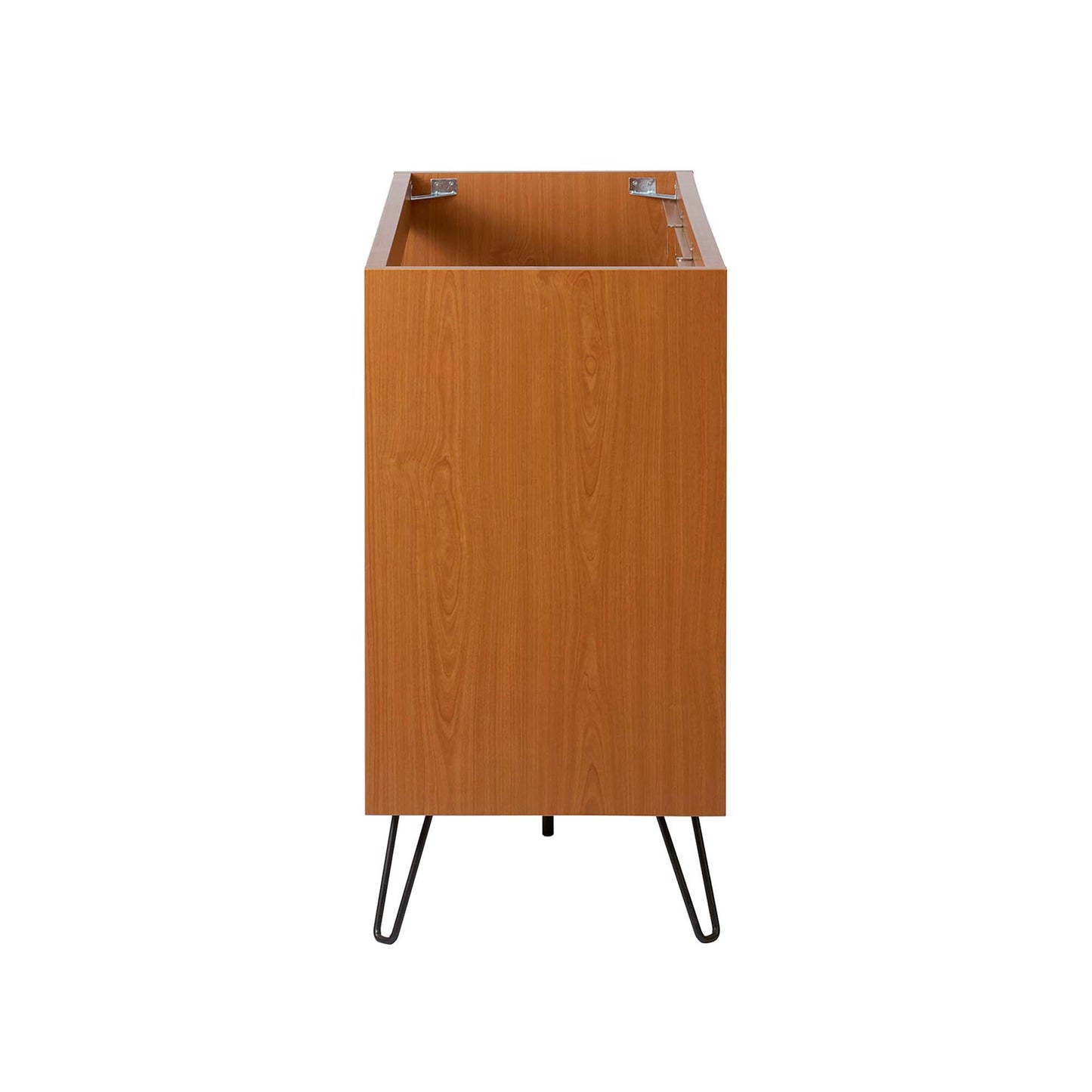 Warm cherry wood veneer cabinet base with open top and black hairpin legs in a mid-century modern style.