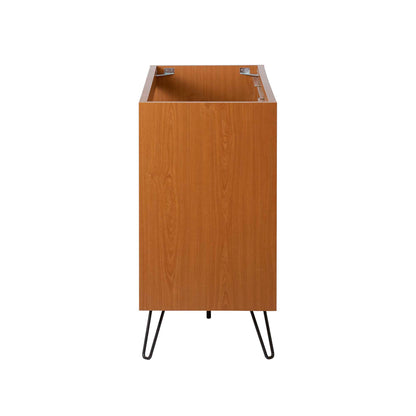 Warm cherry wood veneer cabinet base with open top and black hairpin legs in a mid-century modern style.