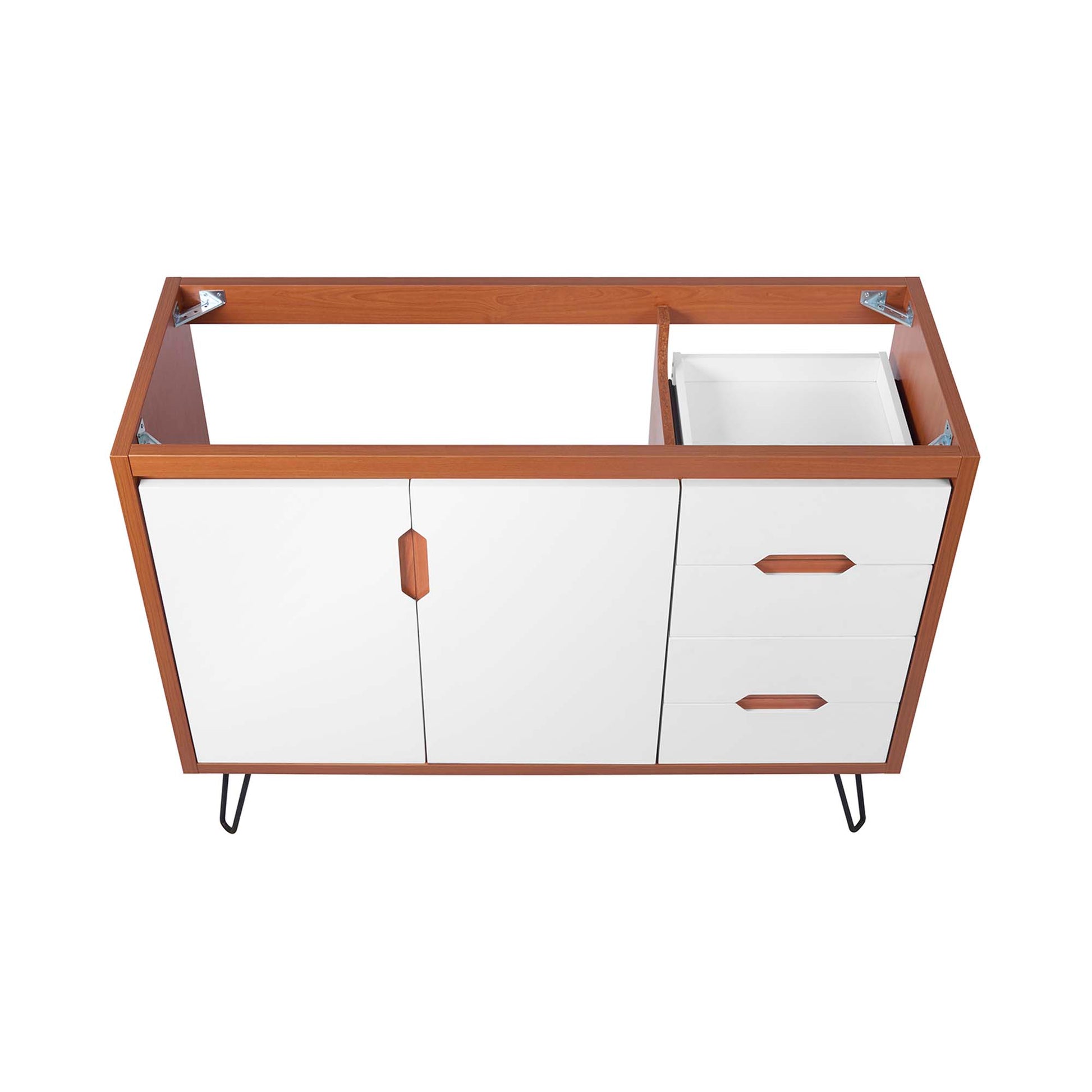 Cherry wood-framed bathroom vanity with white panel doors and drawers, open sink area on the right, mid-century legs.