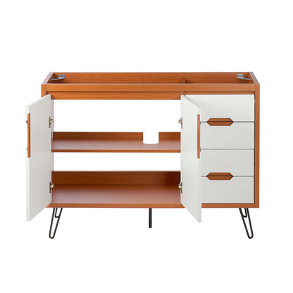 Bathroom vanity cabinet with white doors on the left and drawers on the right in a cherry white finish; sink not included.