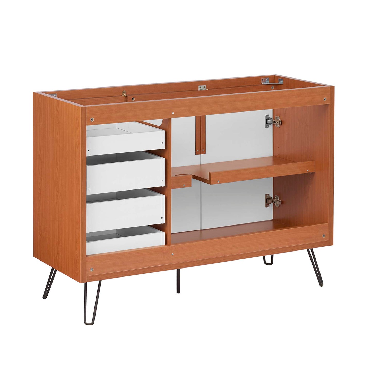 Bathroom vanity cabinet in cherry white with left drawers and right shelf, metal hairpin legs.
