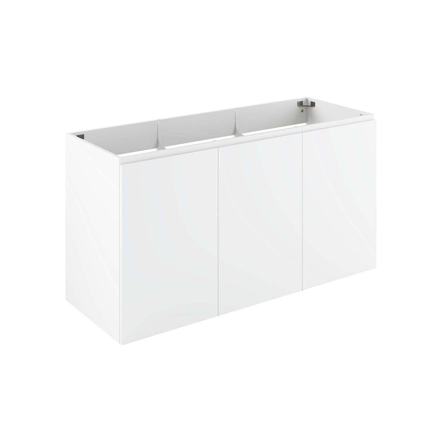 White glossy three-door wall-mount bathroom vanity with flat-panel doors, modern minimalist style.
