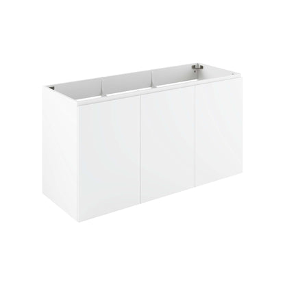 White glossy three-door wall-mount bathroom vanity with flat-panel doors, modern minimalist style.
