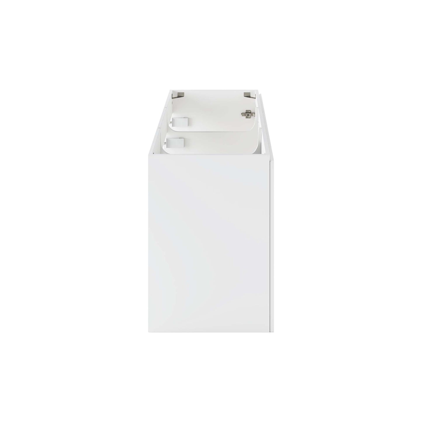 White rectangular bathroom vanity cabinet with open top, showing interior frame and hinge brackets.