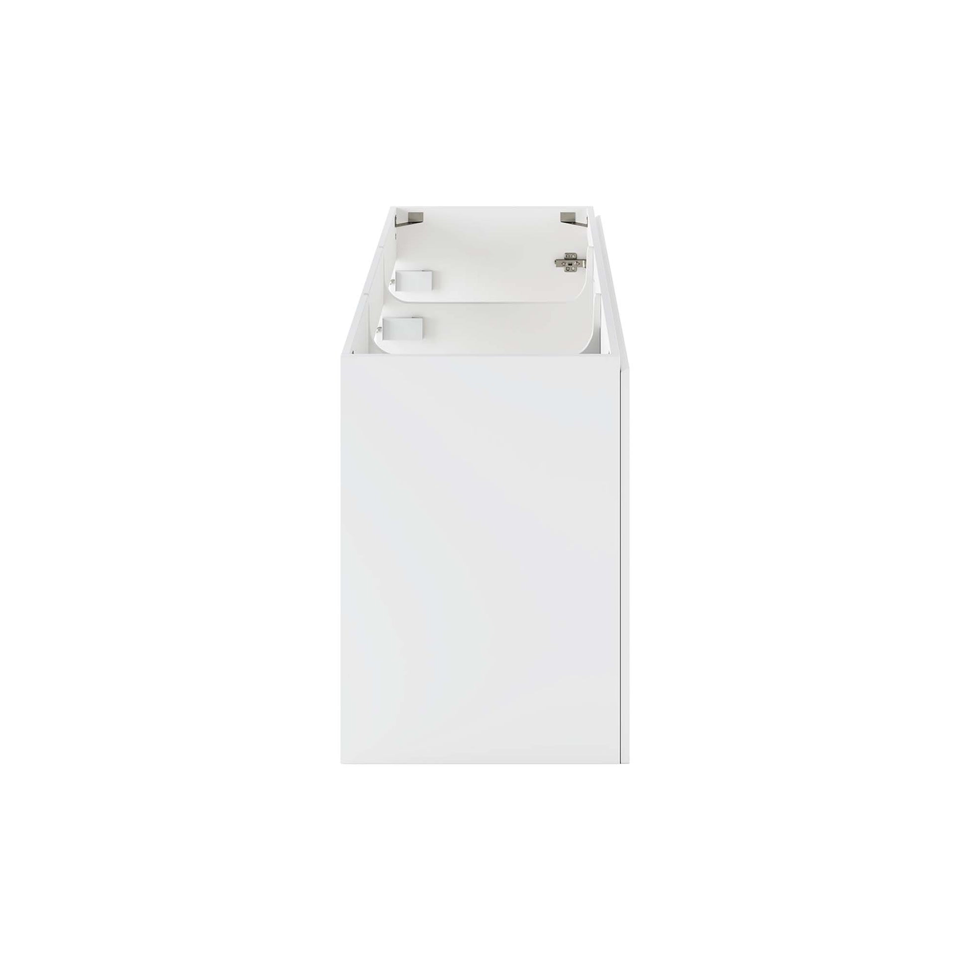 White rectangular bathroom vanity cabinet with open top, showing interior frame and hinge brackets.