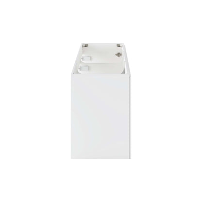 White rectangular bathroom vanity cabinet with open top, showing interior frame and hinge brackets.