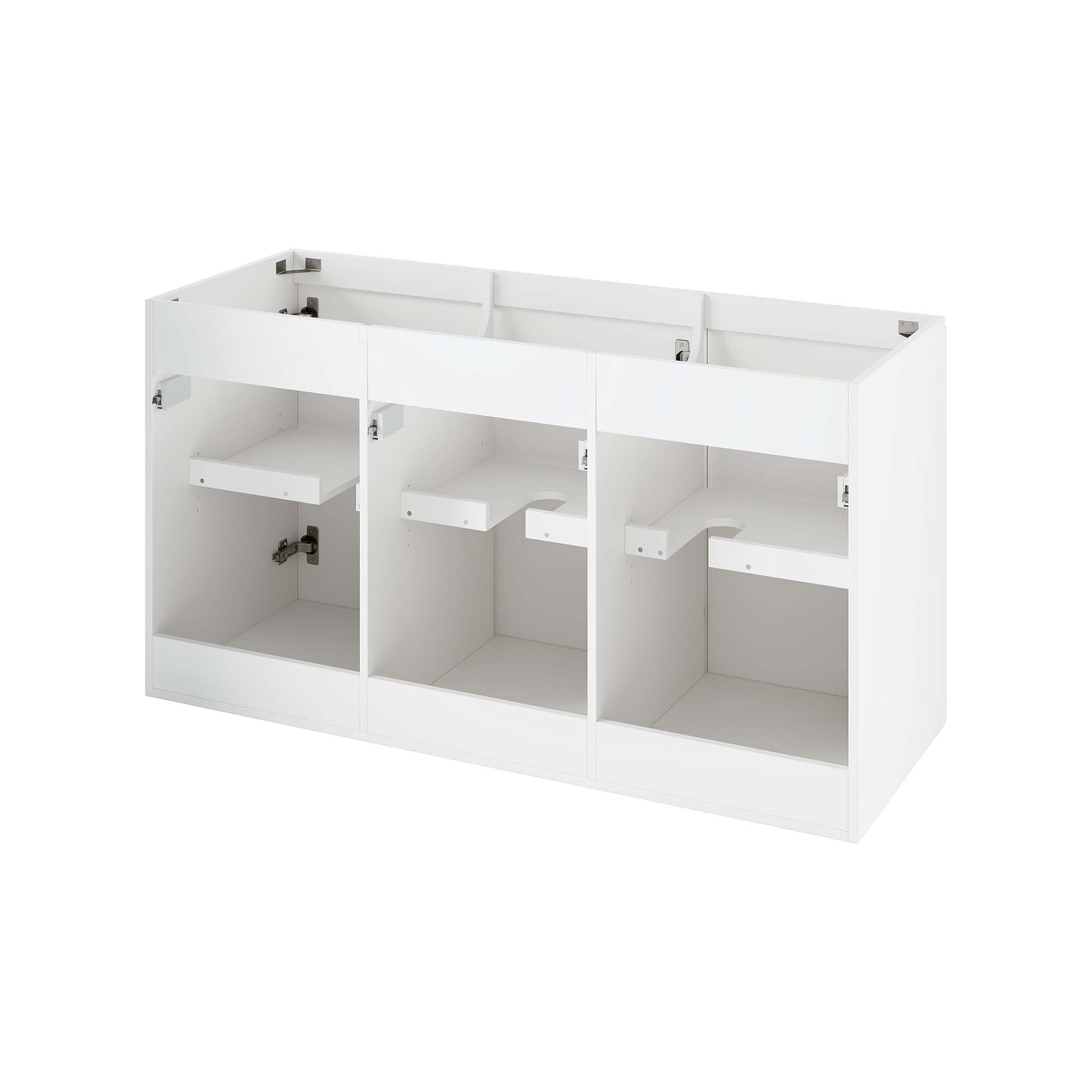 White three-bay wall-mount bathroom vanity cabinet with inner shelves and modern modular storage.