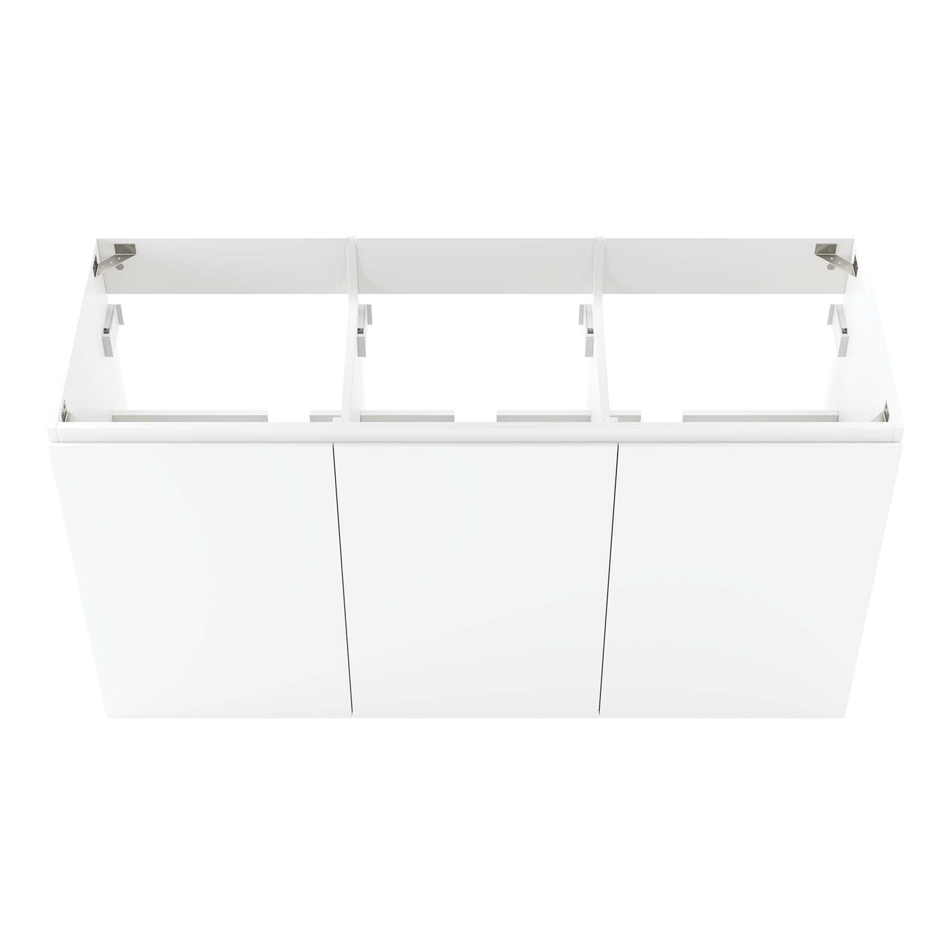 White three-door bathroom vanity cabinet with open-top sink frame and modern flat-panel doors