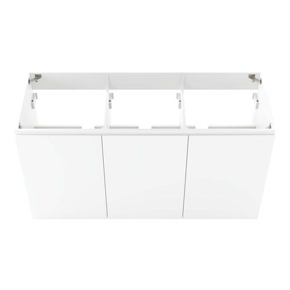 White three-door bathroom vanity cabinet with open-top sink frame and modern flat-panel doors