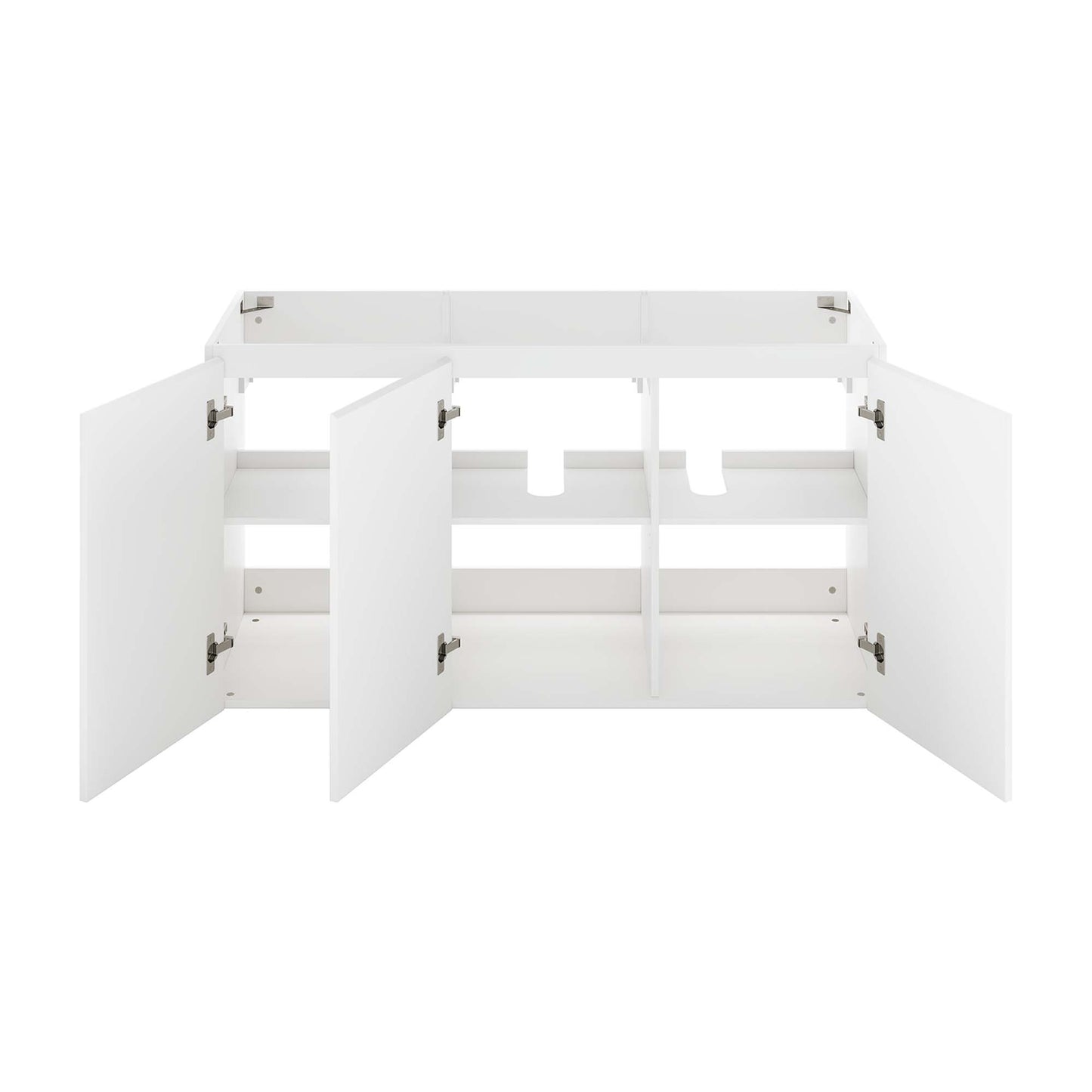 White bathroom vanity base with four doors open, interior shelves and a center vertical divider.