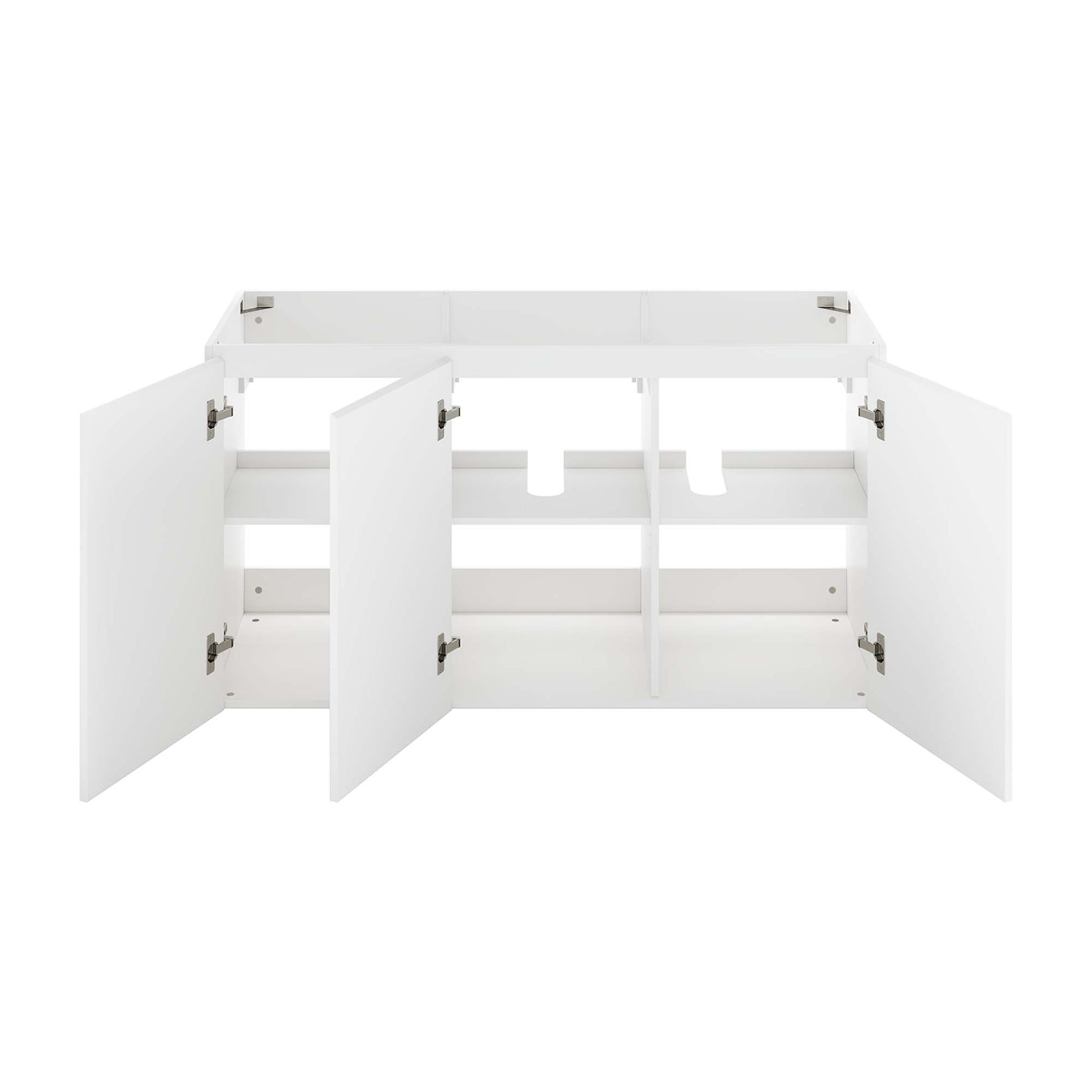White bathroom vanity base with four doors open, interior shelves and a center vertical divider.