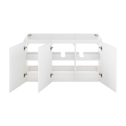 White bathroom vanity base with four doors open, interior shelves and a center vertical divider.
