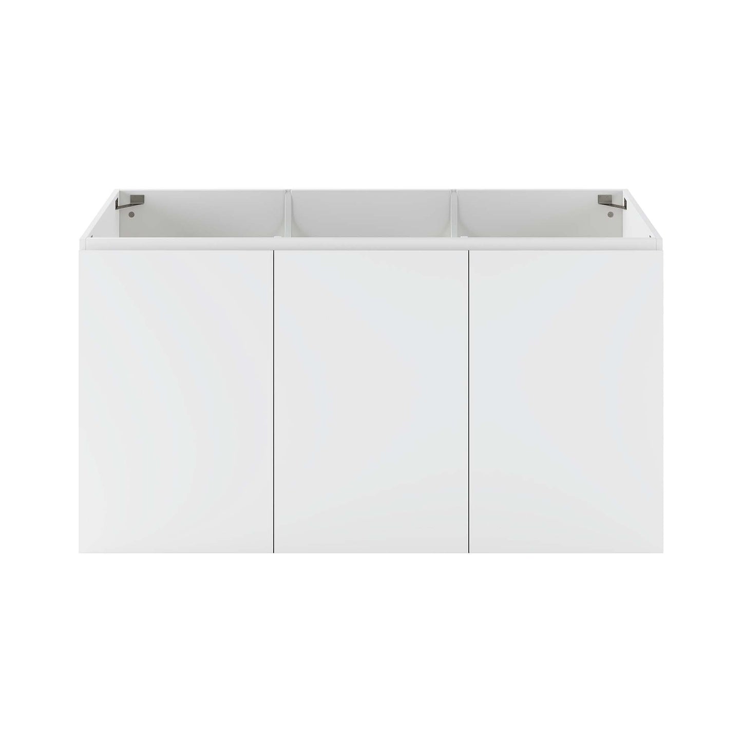 White three-door wall-mount bathroom vanity with open-top compartments for storage, modern flat-panel design.