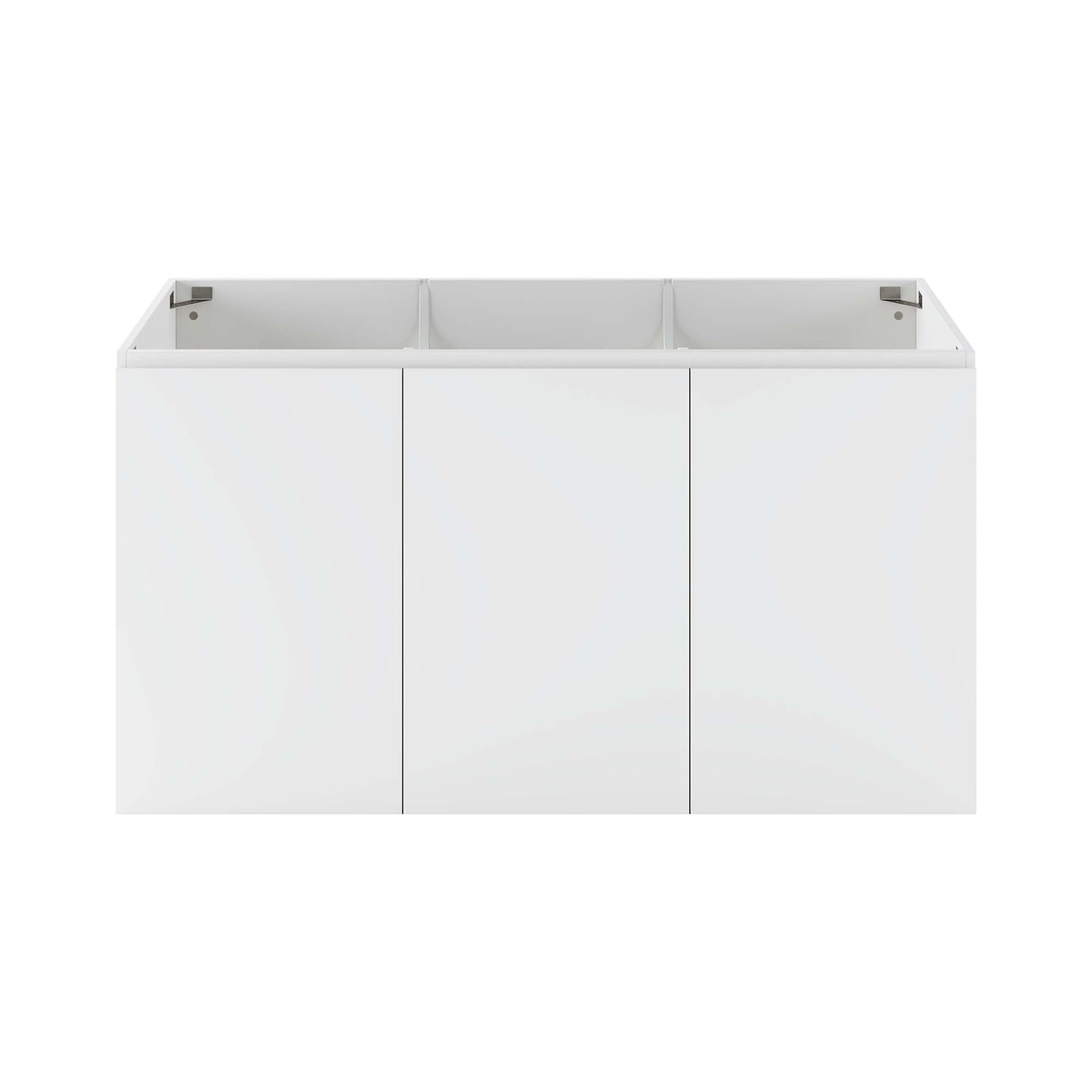 White three-door wall-mount bathroom vanity with open-top compartments for storage, modern flat-panel design.