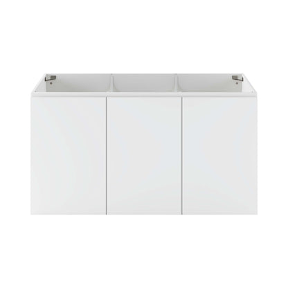 White three-door wall-mount bathroom vanity with open-top compartments for storage, modern flat-panel design.