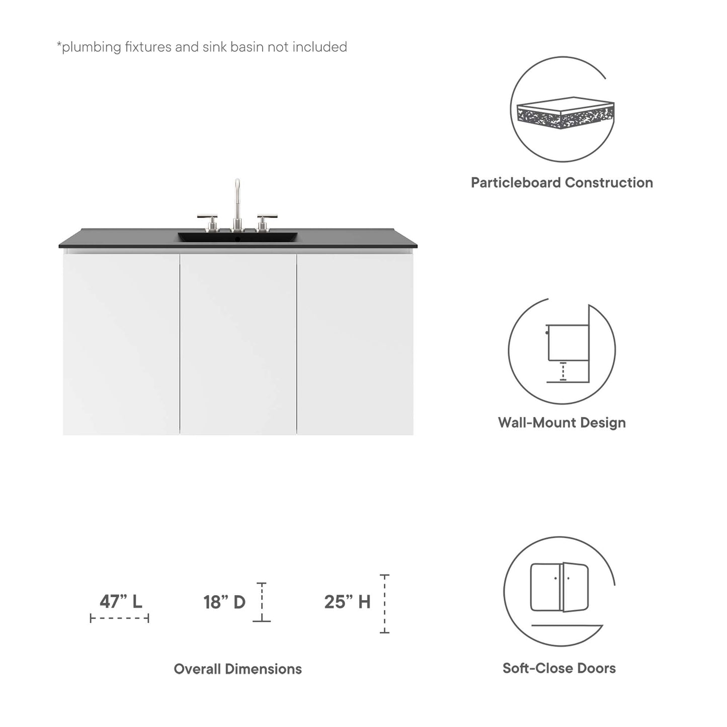 White 3-door vanity with dark countertop and chrome faucet; wall-mount design, soft-close doors, 47L x 18D x 25H