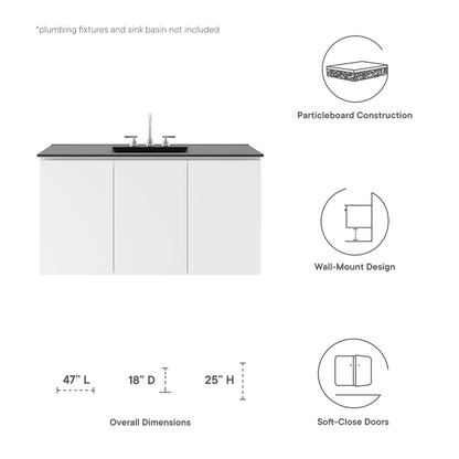 White 3-door vanity with dark countertop and chrome faucet; wall-mount design, soft-close doors, 47L x 18D x 25H