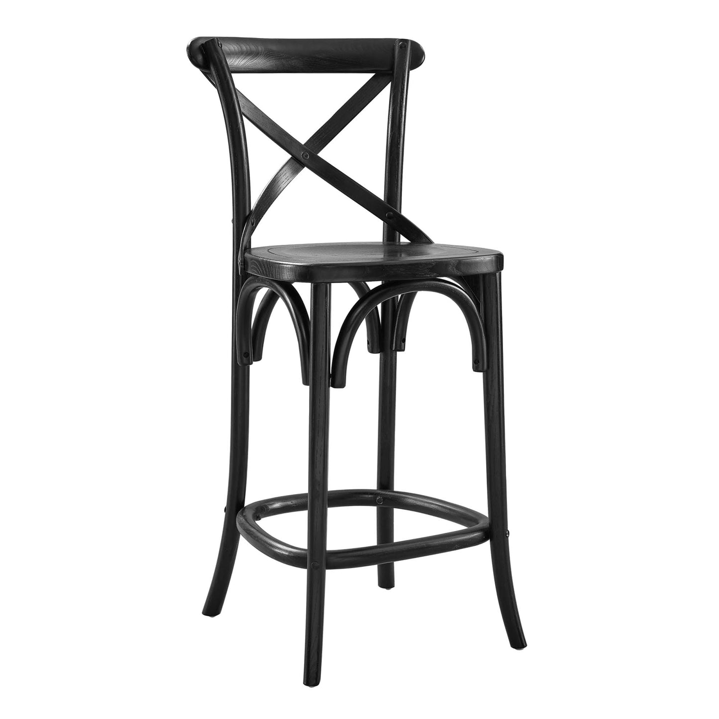 Black metal counter stool with a round seat, X-back, curved legs, and circular footrest.