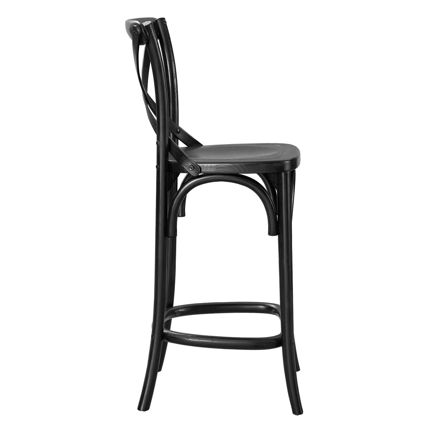 Black metal counter stool with curved back, padded seat, circular footrest, and slender arched legs.