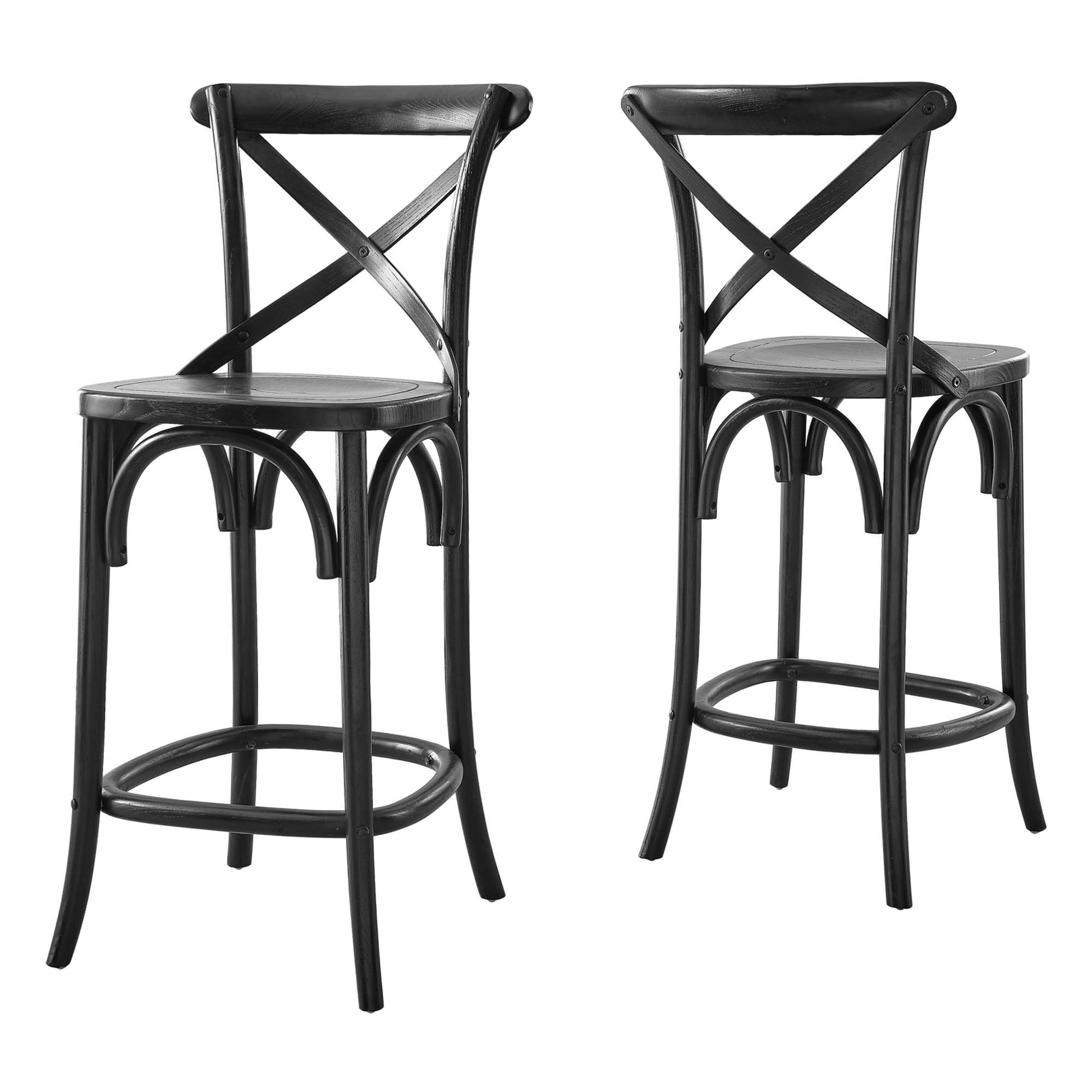 Two black metal counter stools with cross-back X, round seats, curved legs and circular footrest.