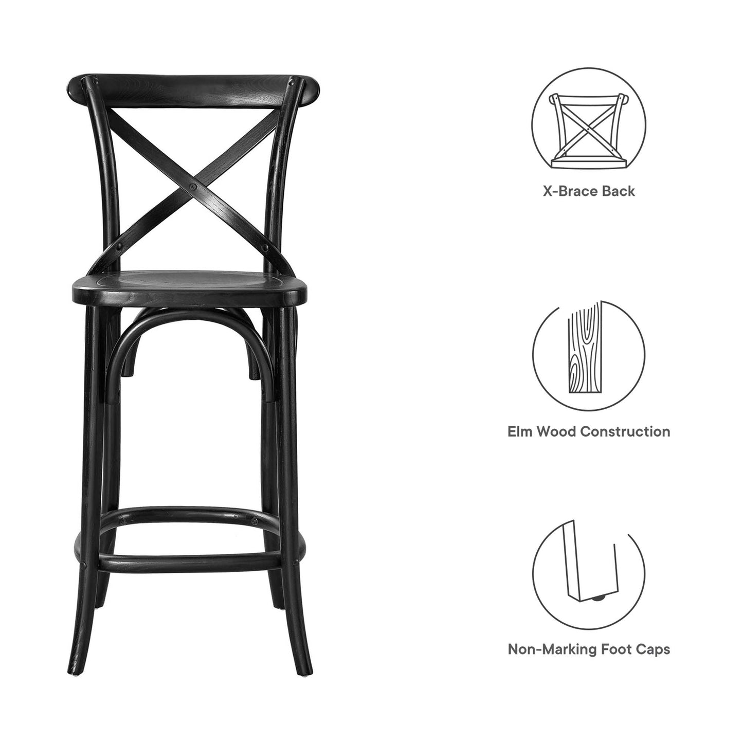 Black wooden counter stool with X-brace back, elm wood construction, curved legs and non-marking foot caps.