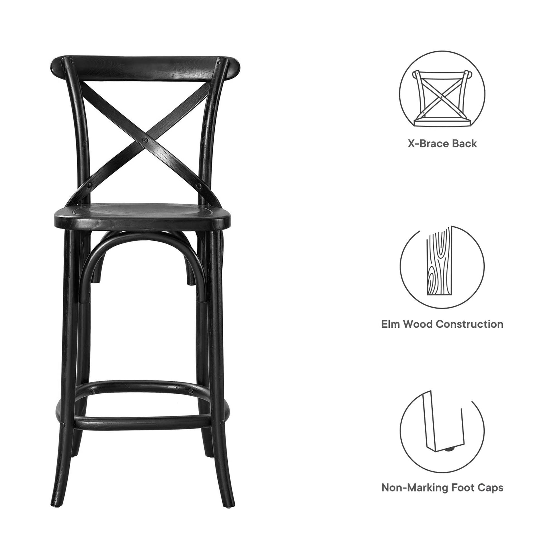 Black wooden counter stool with X-brace back, elm wood construction, curved legs and non-marking foot caps.