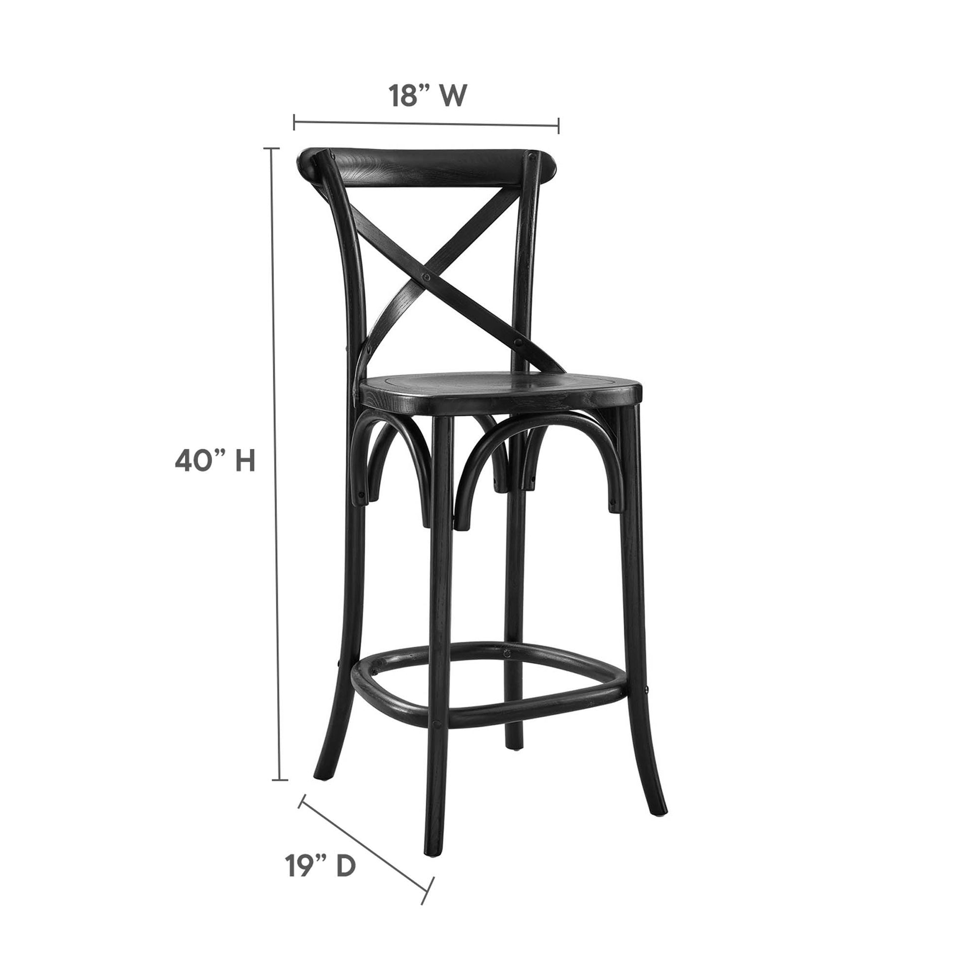 Black metal counter stool with cross-back, round seat, arched legs and circular footrest; 40" H x 18" W x 19" D.
