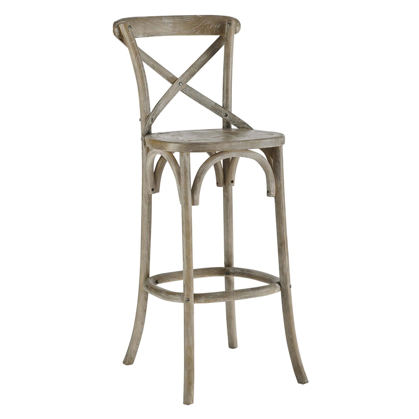 Weathered gray wooden bar stool with an X-back, rounded seat, curved legs and a circular footring for rustic farmhouse style.
