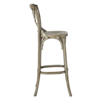 Greywashed wooden bar stool with round seat, curved legs, backrest and footrest.