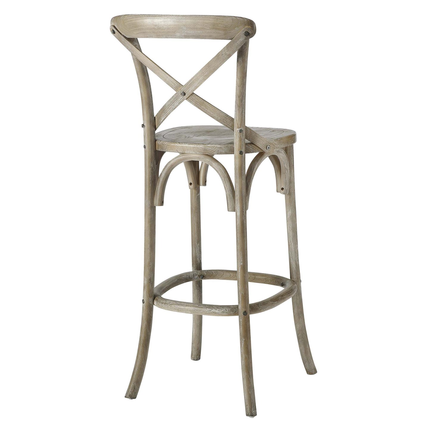 Grey weathered wood bar stool with round seat, X-back, curved legs and ring footrest.