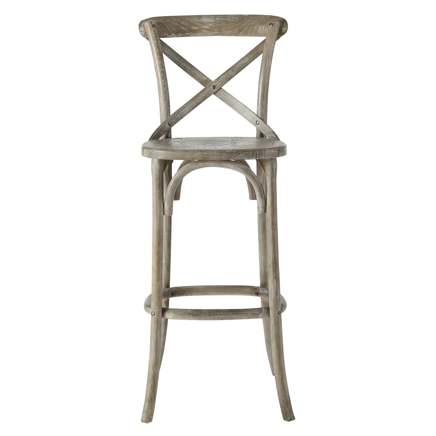 Weathered gray wood bar stool with cross-back, footrest and curved legs; rustic farmhouse style.