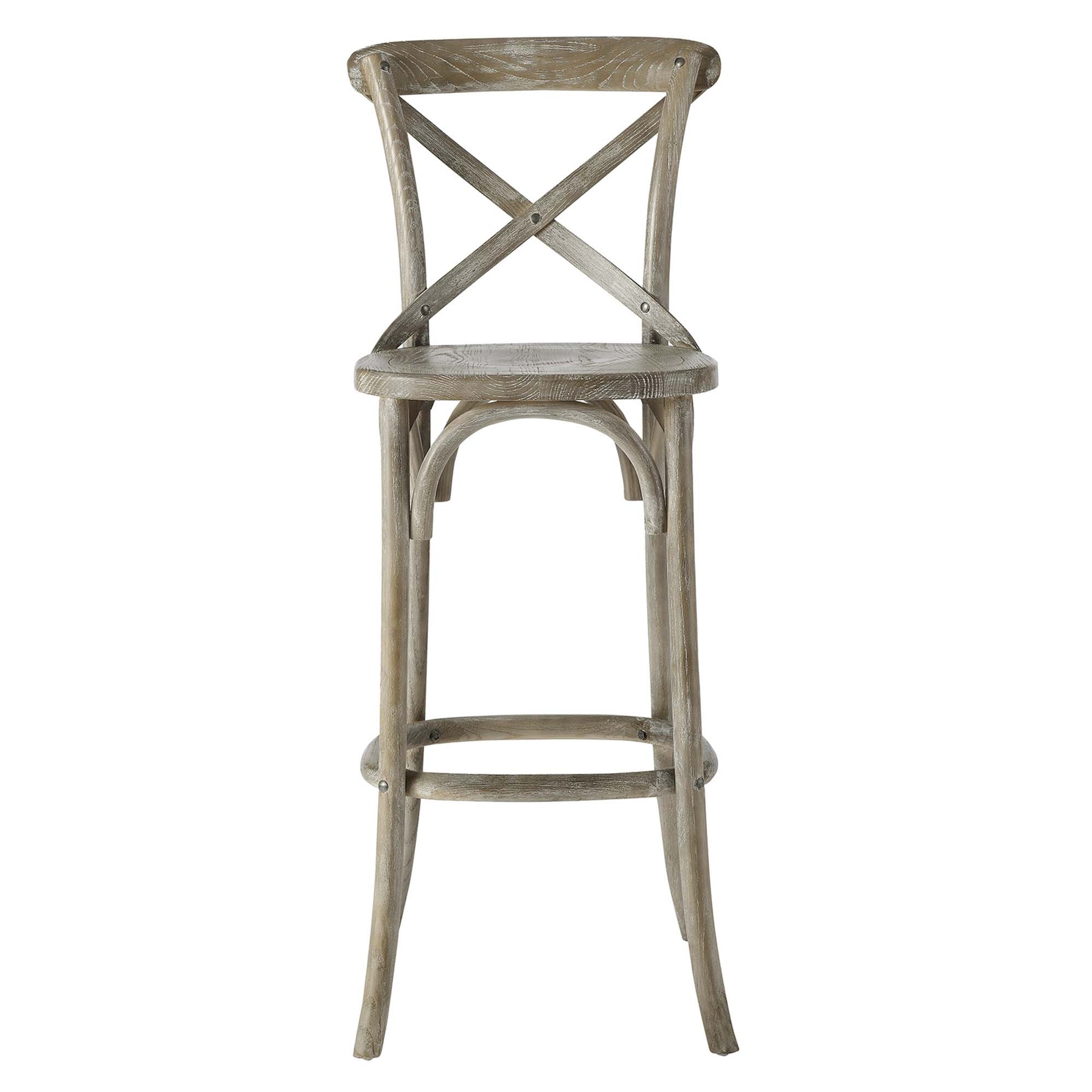 Weathered gray wood bar stool with cross-back, footrest and curved legs; rustic farmhouse style.